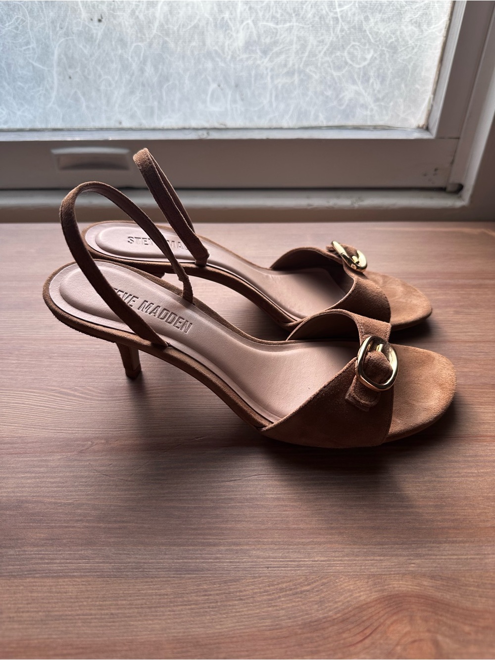 Steve Madden Tan Suede Slingback Heels with Gold Buckle Accent - Picture 2 of 3